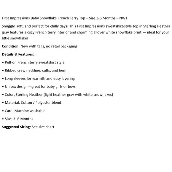 First Impressions Baby Snowflake French Terry Top – Size 3-6 Months – NWT - Picture 2 of 5